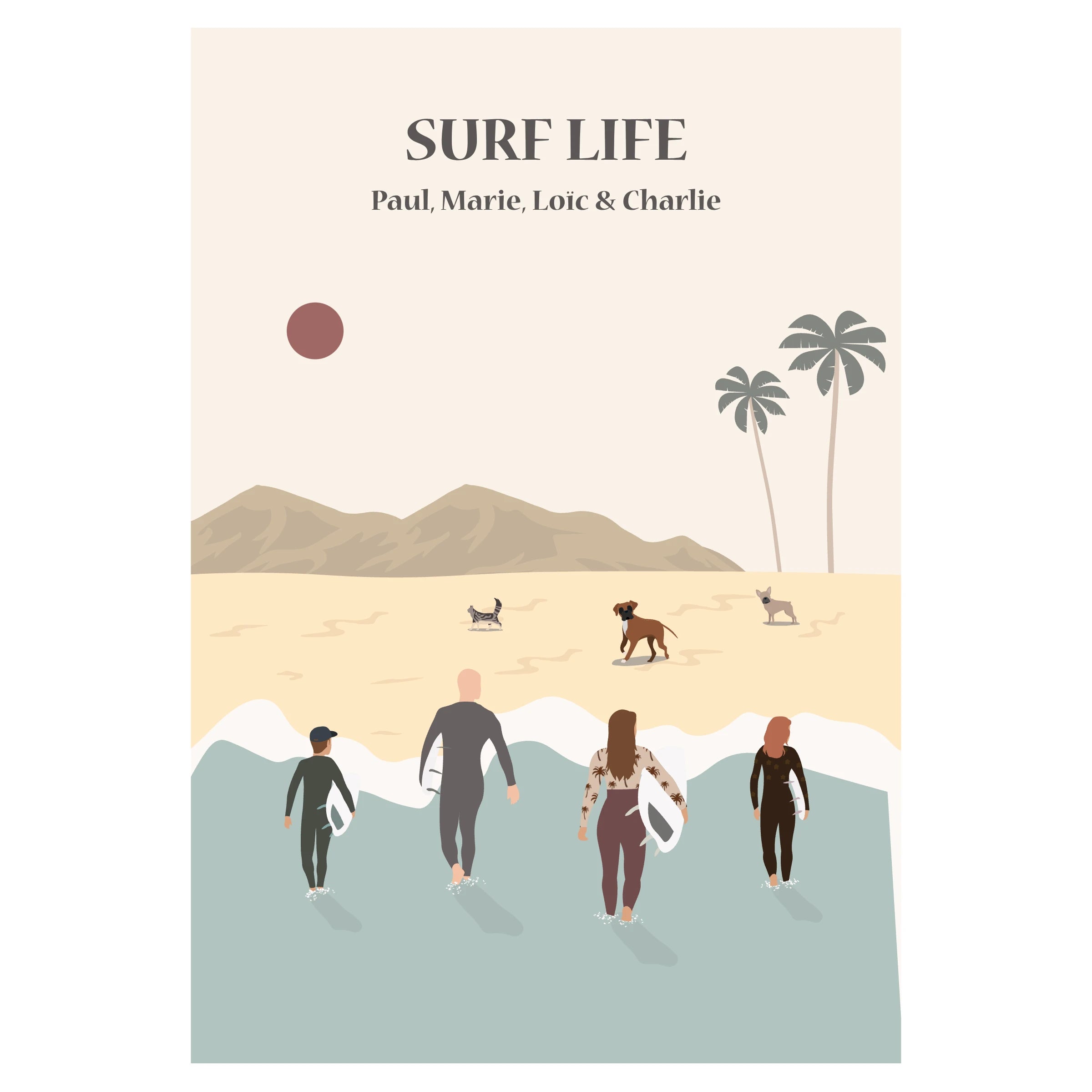Affiche personnalisable d'une famille qui sort de l'eau après une session d surf. 