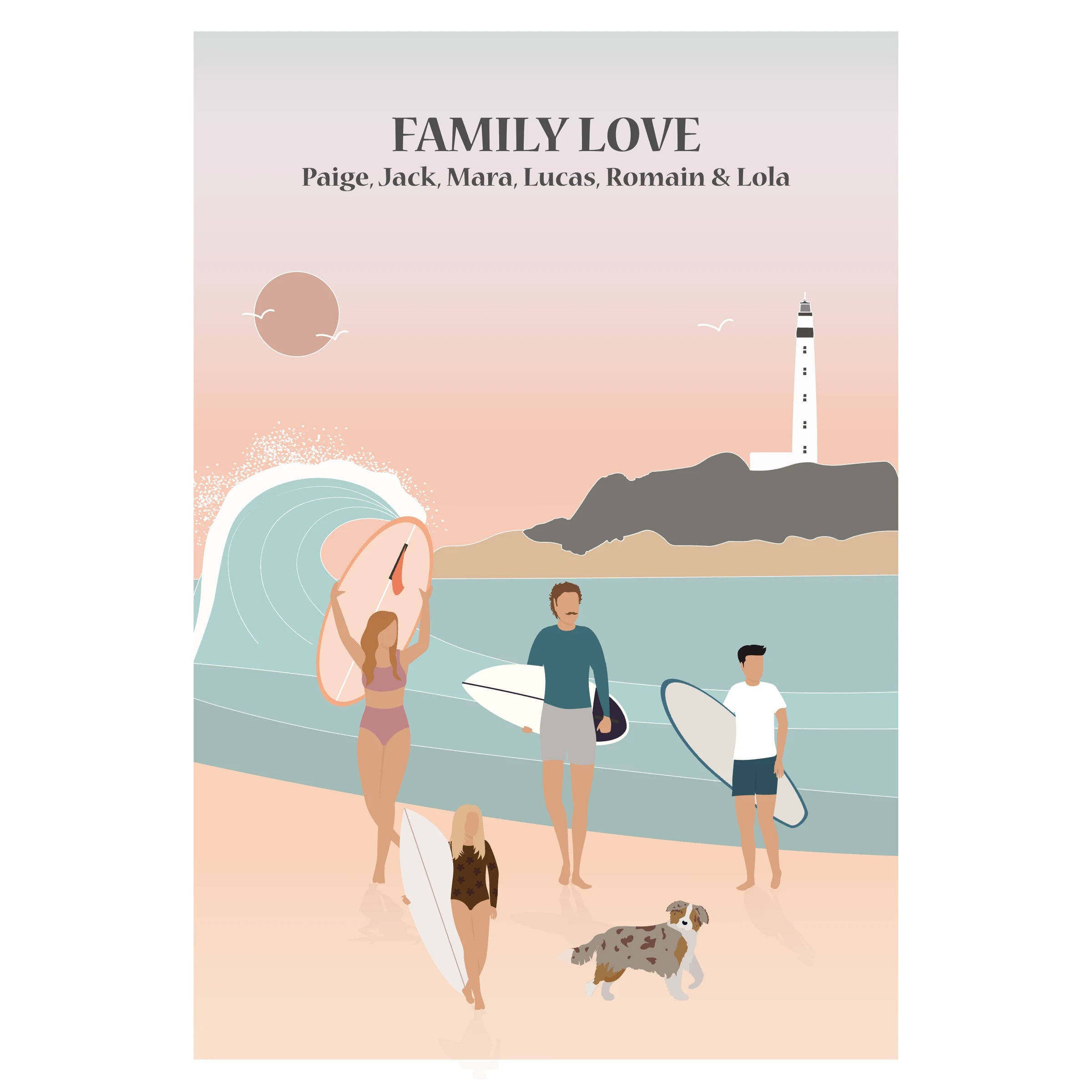 Affiche illustrée représentant une famille sortant de l’eau après une session de surf, marchant ensemble sur la plage.