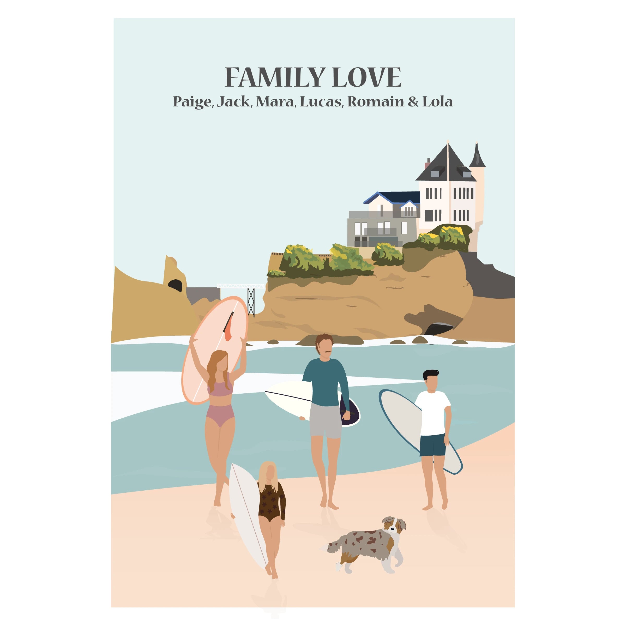 Affiche illustrée représentant une famille sortant de l’eau après une session de surf, marchant ensemble sur la plage.