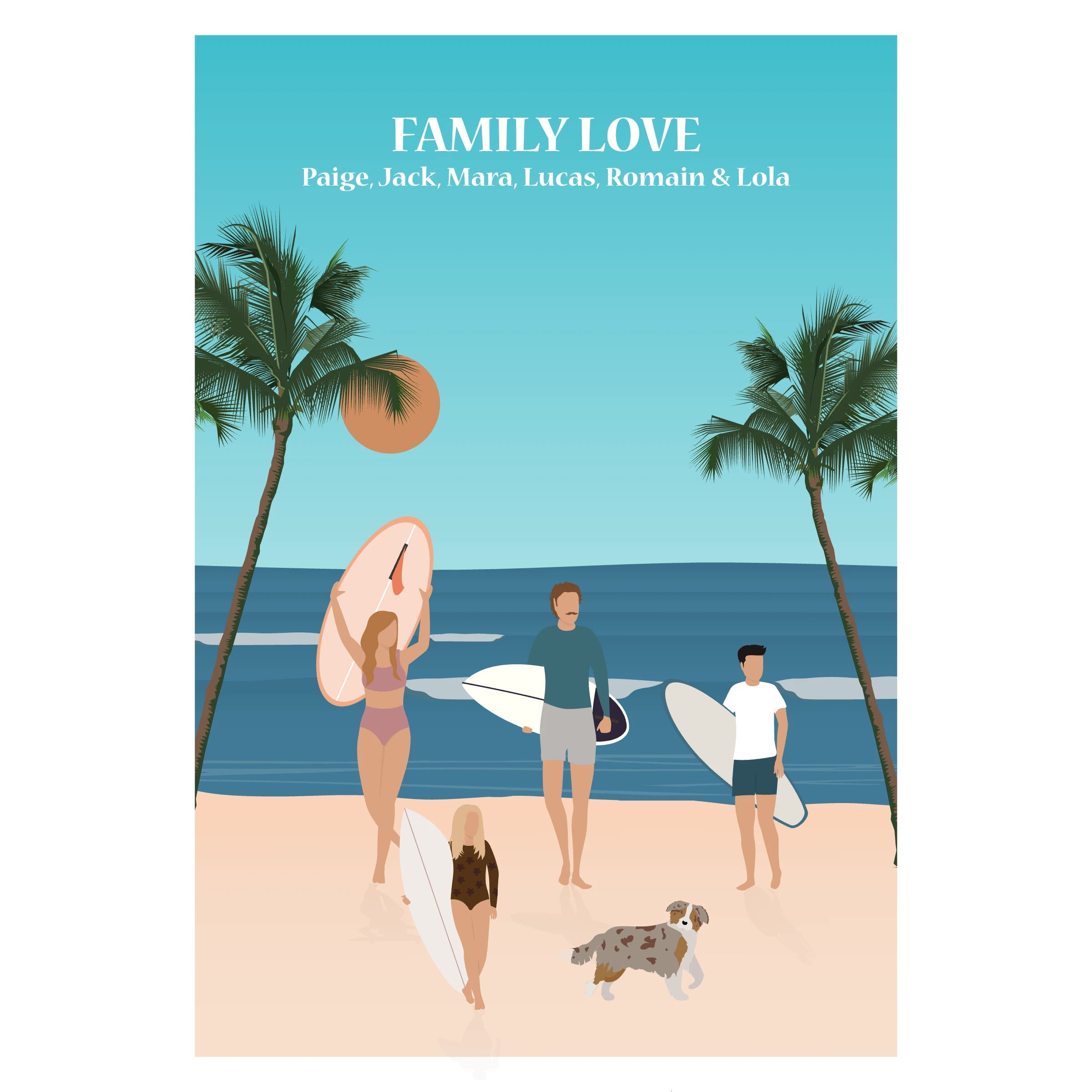 Affiche illustrée représentant une famille sortant de l’eau après une session de surf, marchant ensemble sur la plage.