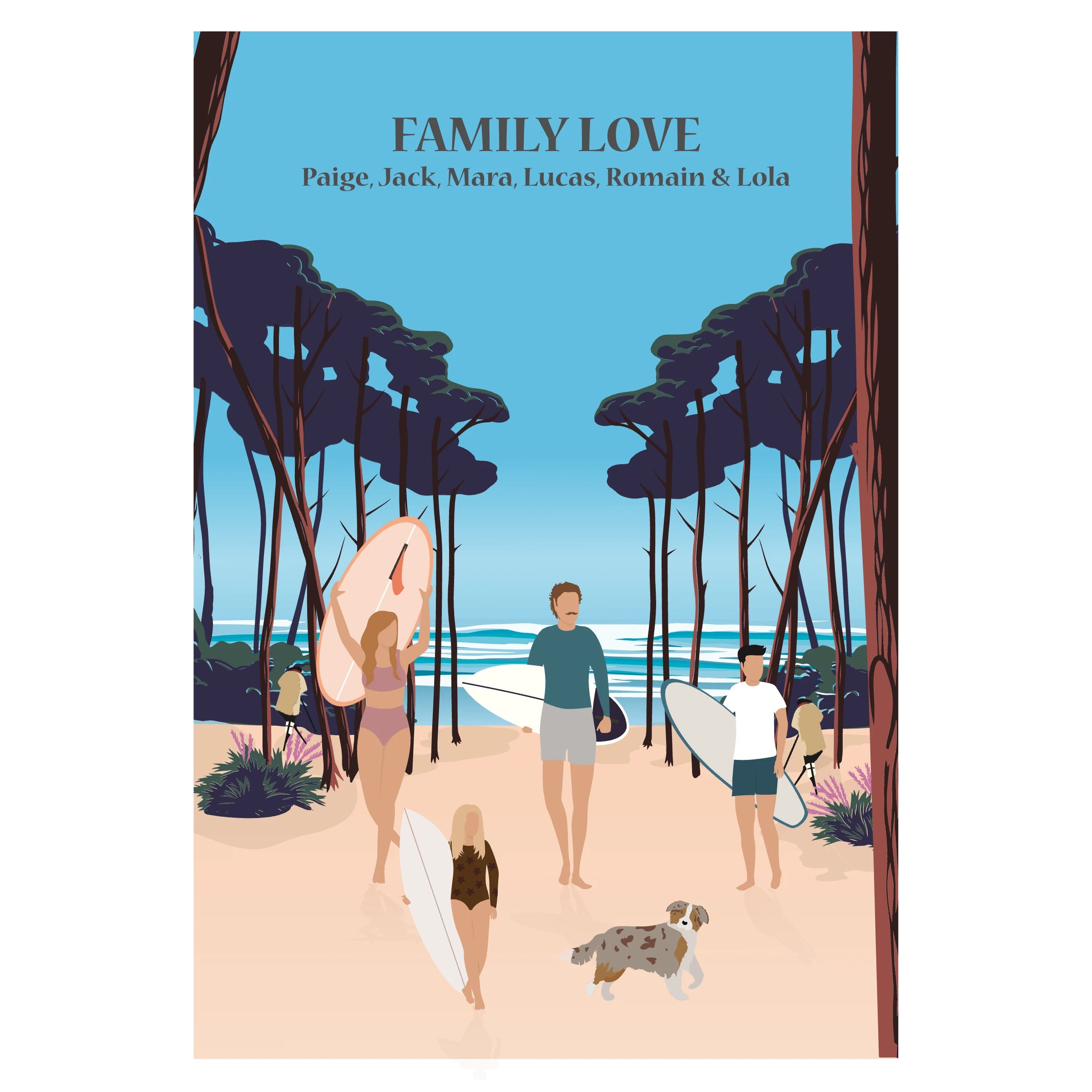 Affiche illustrée représentant une famille sortant de l’eau après une session de surf, marchant ensemble sur la plage.