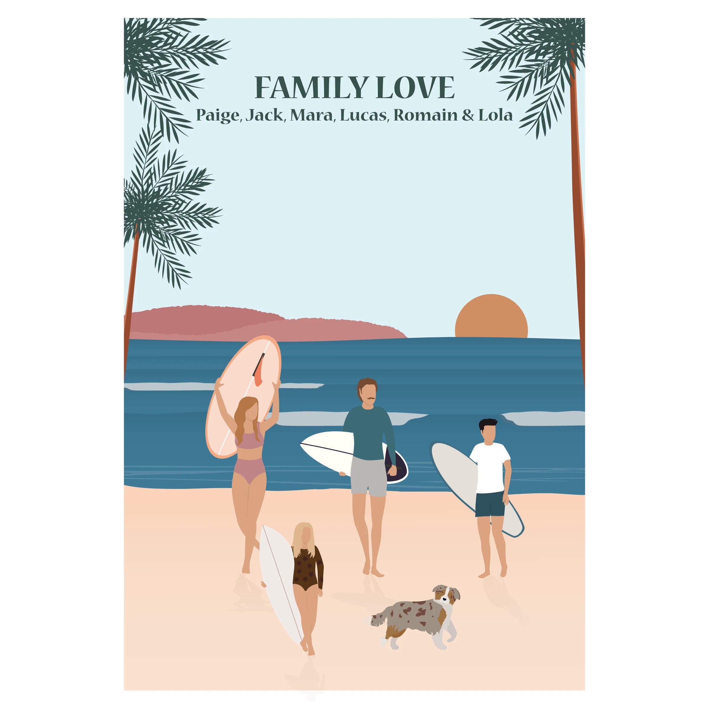Affiche illustrée représentant une famille sortant de l’eau après une session de surf, marchant ensemble sur la plage.