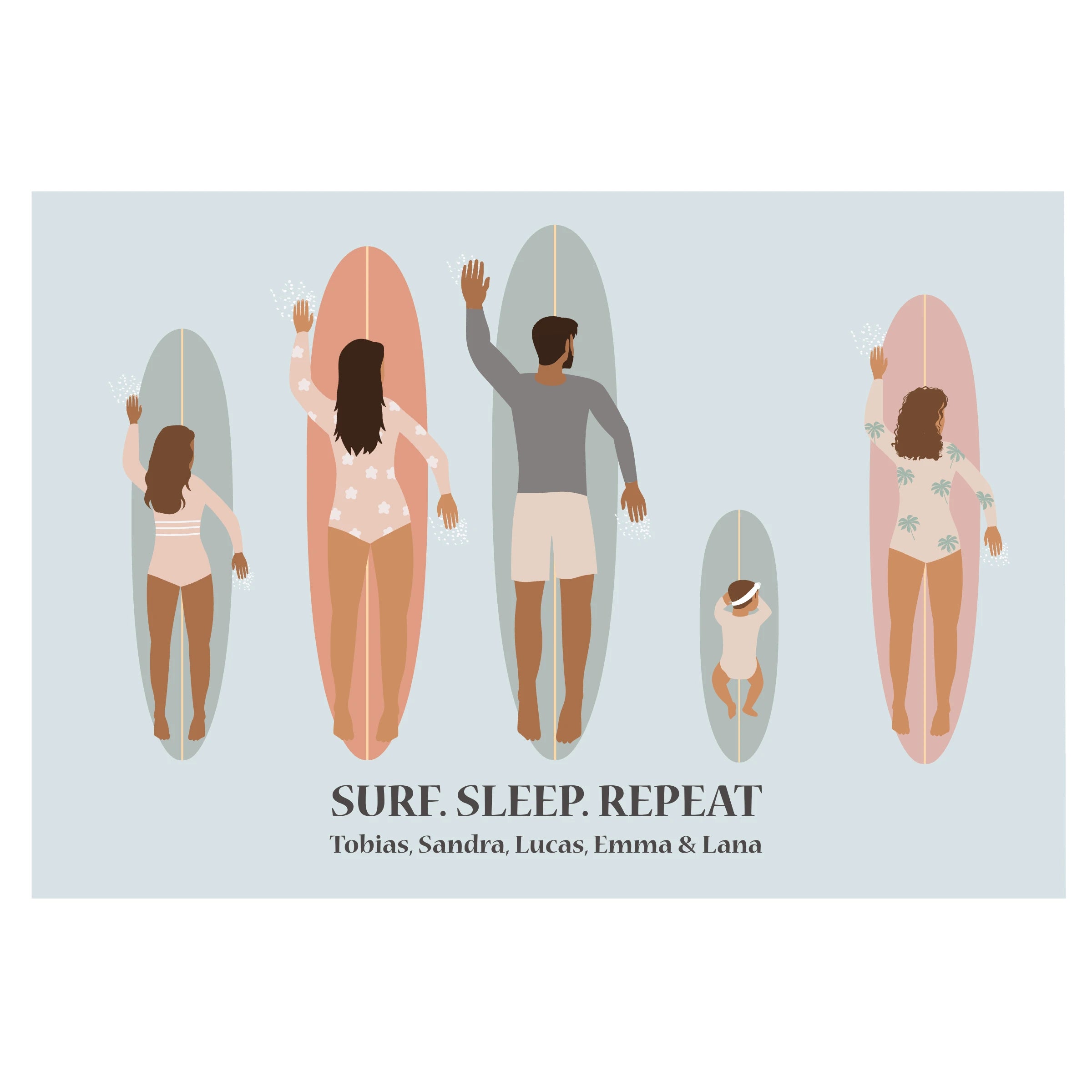 Affiche personnalisée et décorative d'une famille sur des planches de surf. 