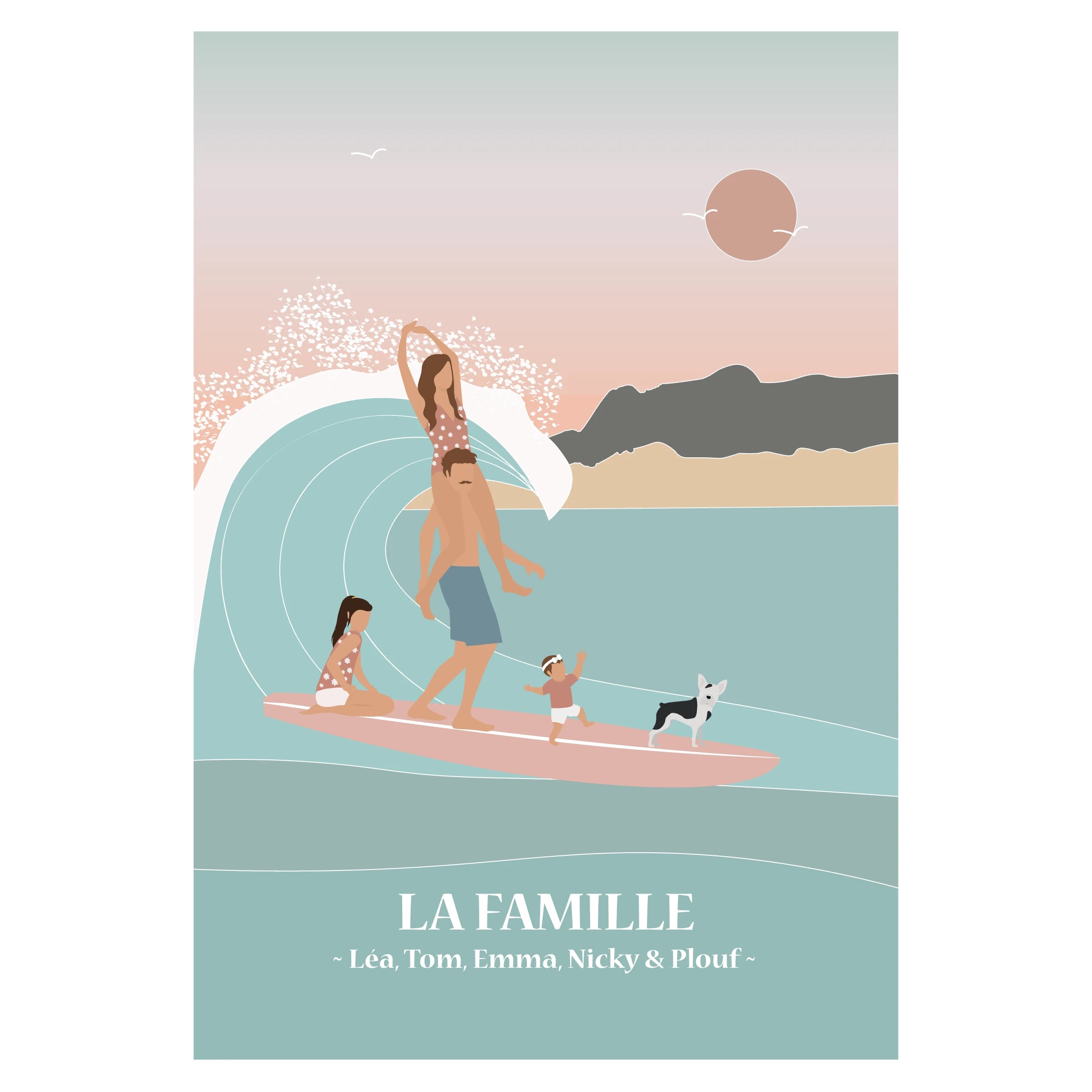 Affiche illustrée représentant un couple surfant en tandem sur une même planche de surf, affiche déco à personnaliser.