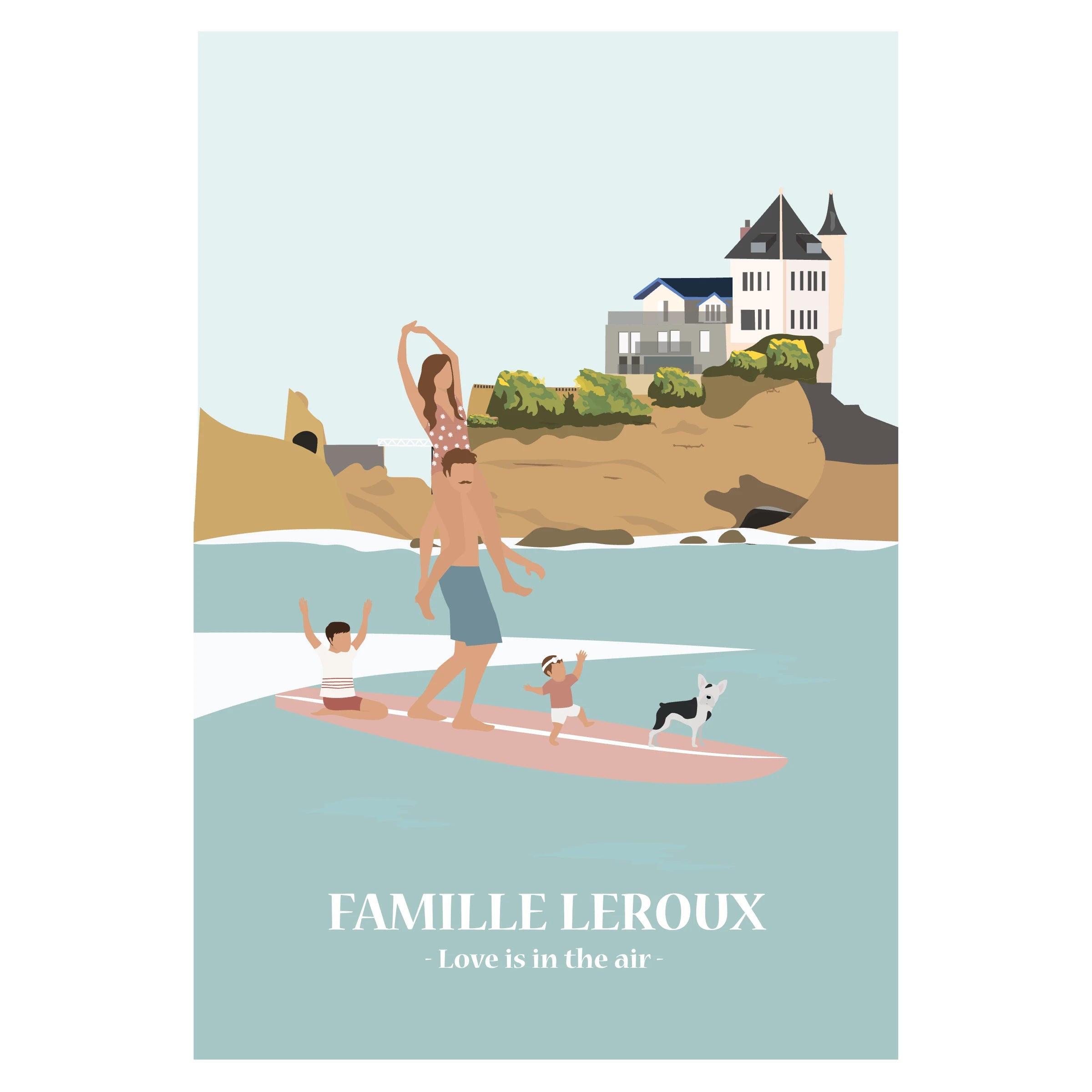 Affiche illustrée représentant un couple surfant en tandem sur une même planche de surf, affiche déco à personnaliser.