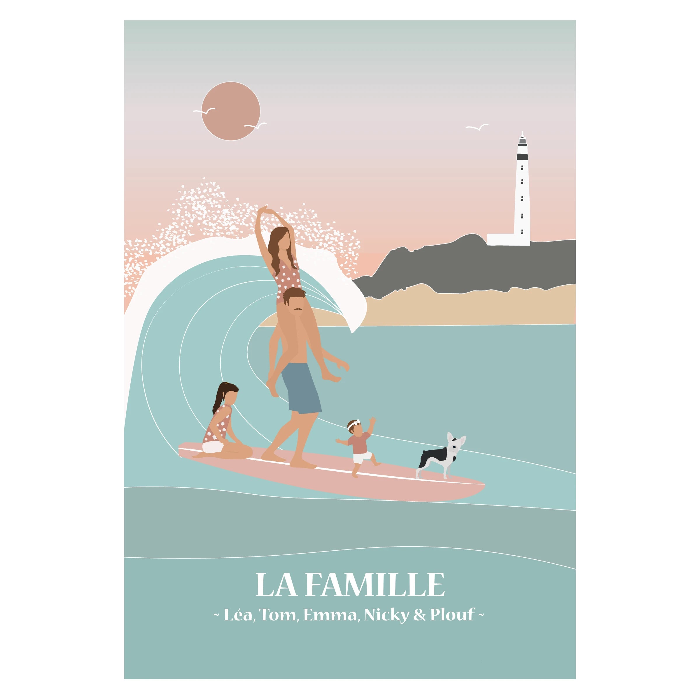Affiche illustrée représentant un couple surfant en tandem sur une même planche de surf, affiche déco à personnaliser.