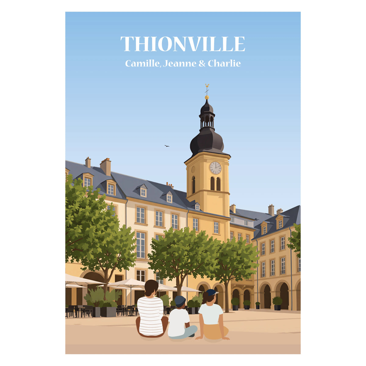 Affiche illustrée et personnalisable représentant une famille face aux monuments et paysages emblématiques de Thionville
