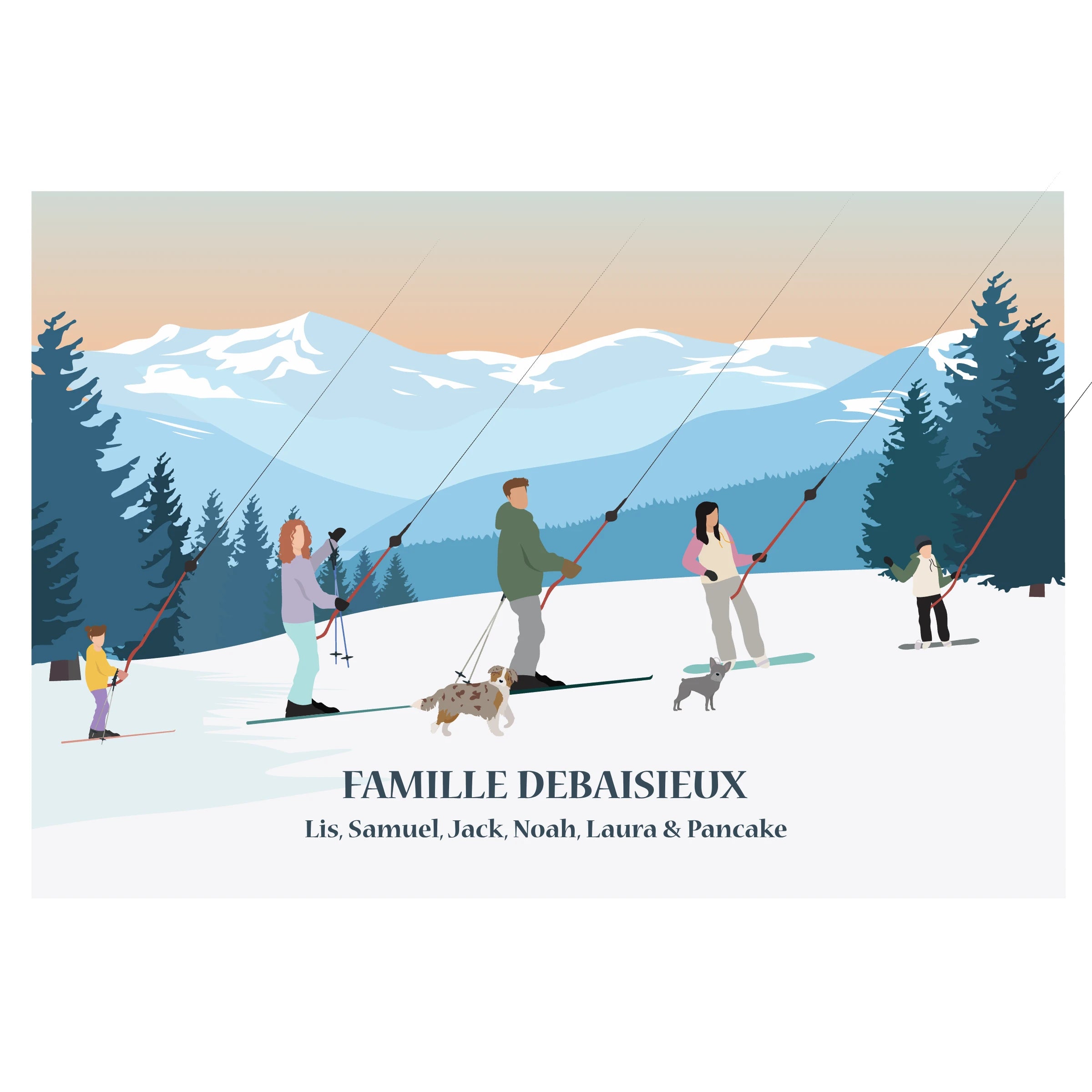 Affiche personnalisable d'une famille sur un tire-fesse en snowboard et ski.