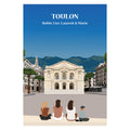 Affiche illustrée et personnalisable représentant une famille face au port de Toulon, à la rade et aux montagnes environnantes.