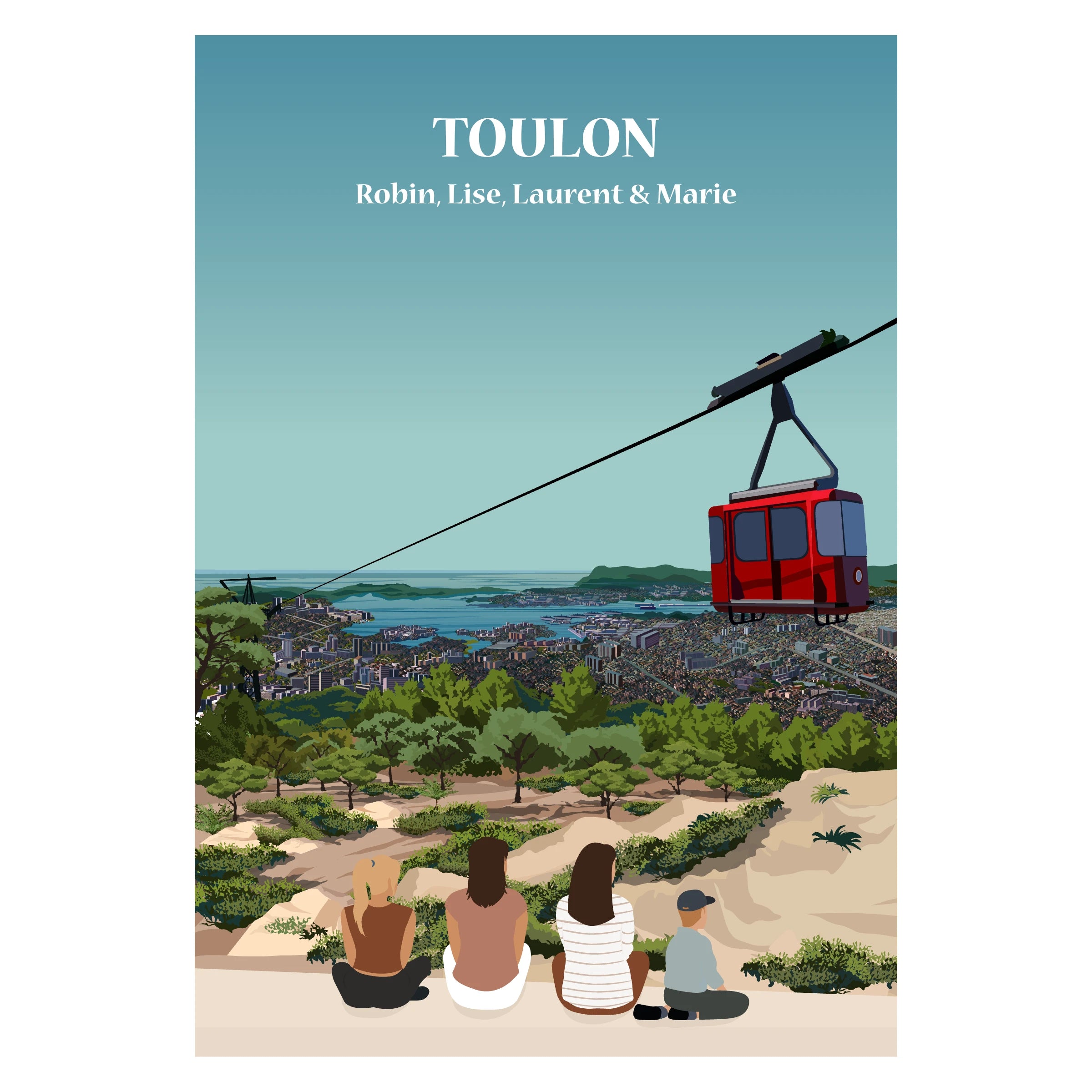 Affiche illustrée et personnalisable représentant une famille face au port de Toulon, à la rade et aux montagnes environnantes.