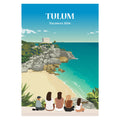 Illustration personnalisée d'une famille de dos face à la plage de Tulum