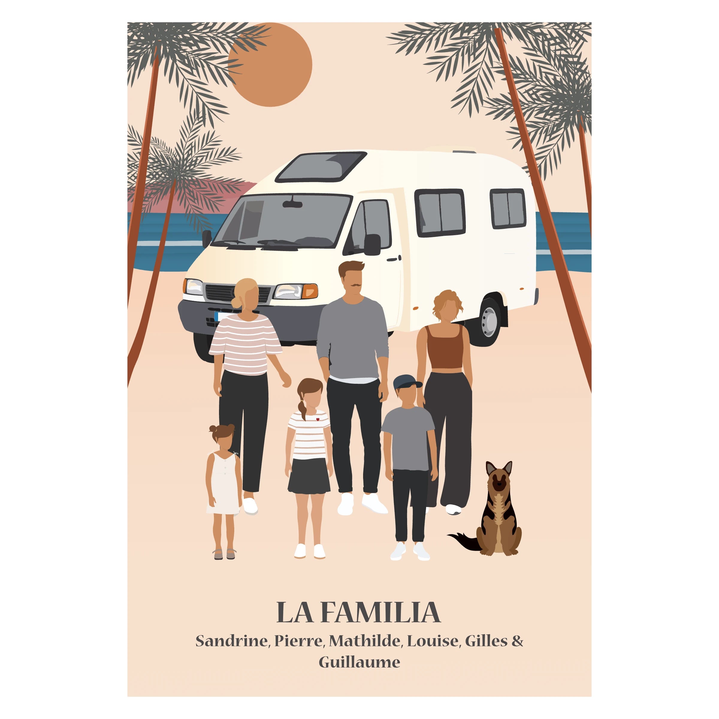 Affiche illustrée et personnalisable montrant une famille sur une plage, avec un van en arrière-plan évoquant les vacances et la liberté.