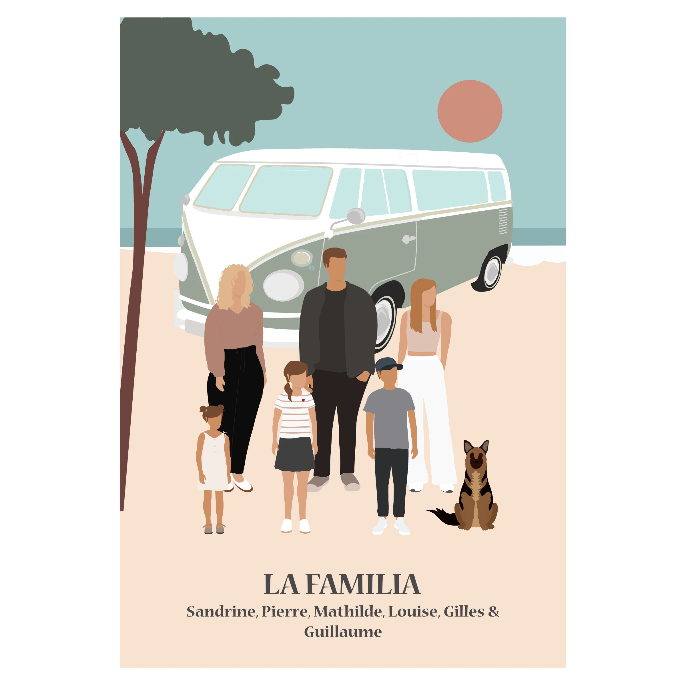 Affiche illustrée et personnalisable montrant une famille sur une plage, avec un van en arrière-plan évoquant les vacances et la liberté.