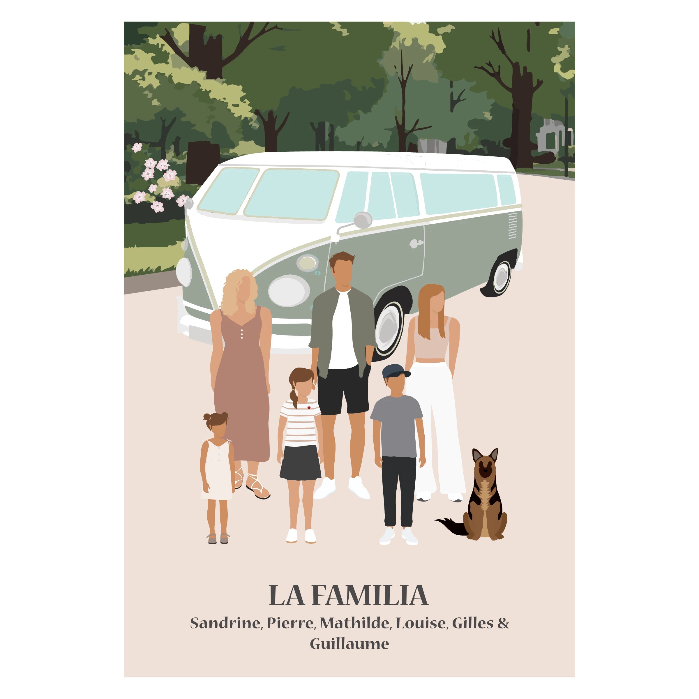 Affiche illustrée et personnalisable montrant une famille sur une plage, avec un van en arrière-plan évoquant les vacances et la liberté.