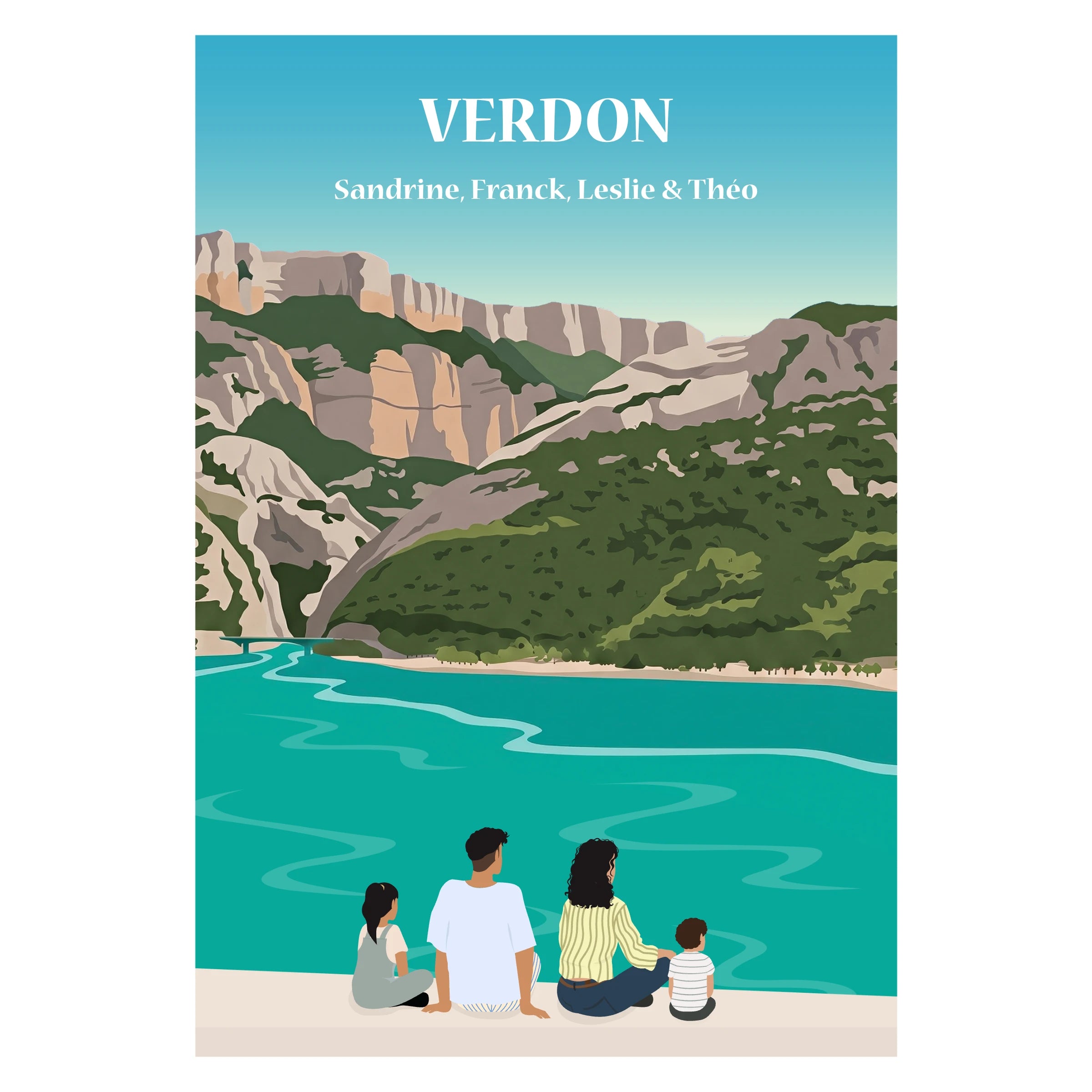 une famille assise sur un banc face au lac du Verdon