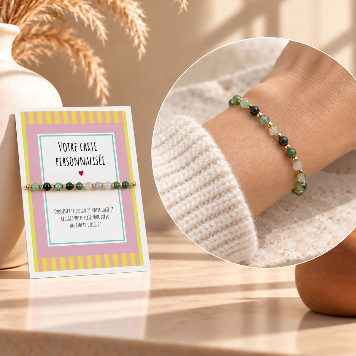 Bracelet en Pierres Naturelles et Carte Personnalisée avec photo