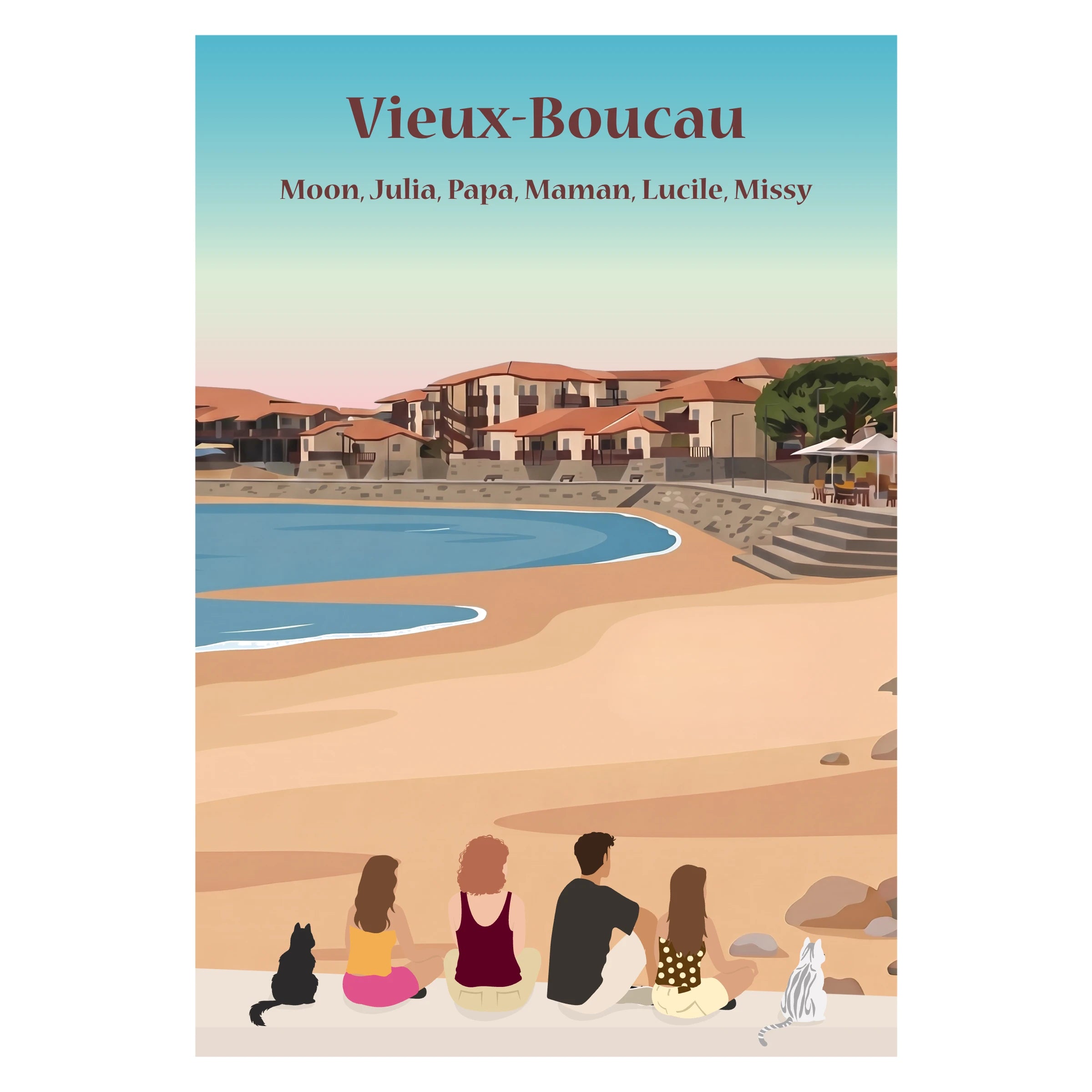 une famille assise sur un blanc face au Vieux-Boucau