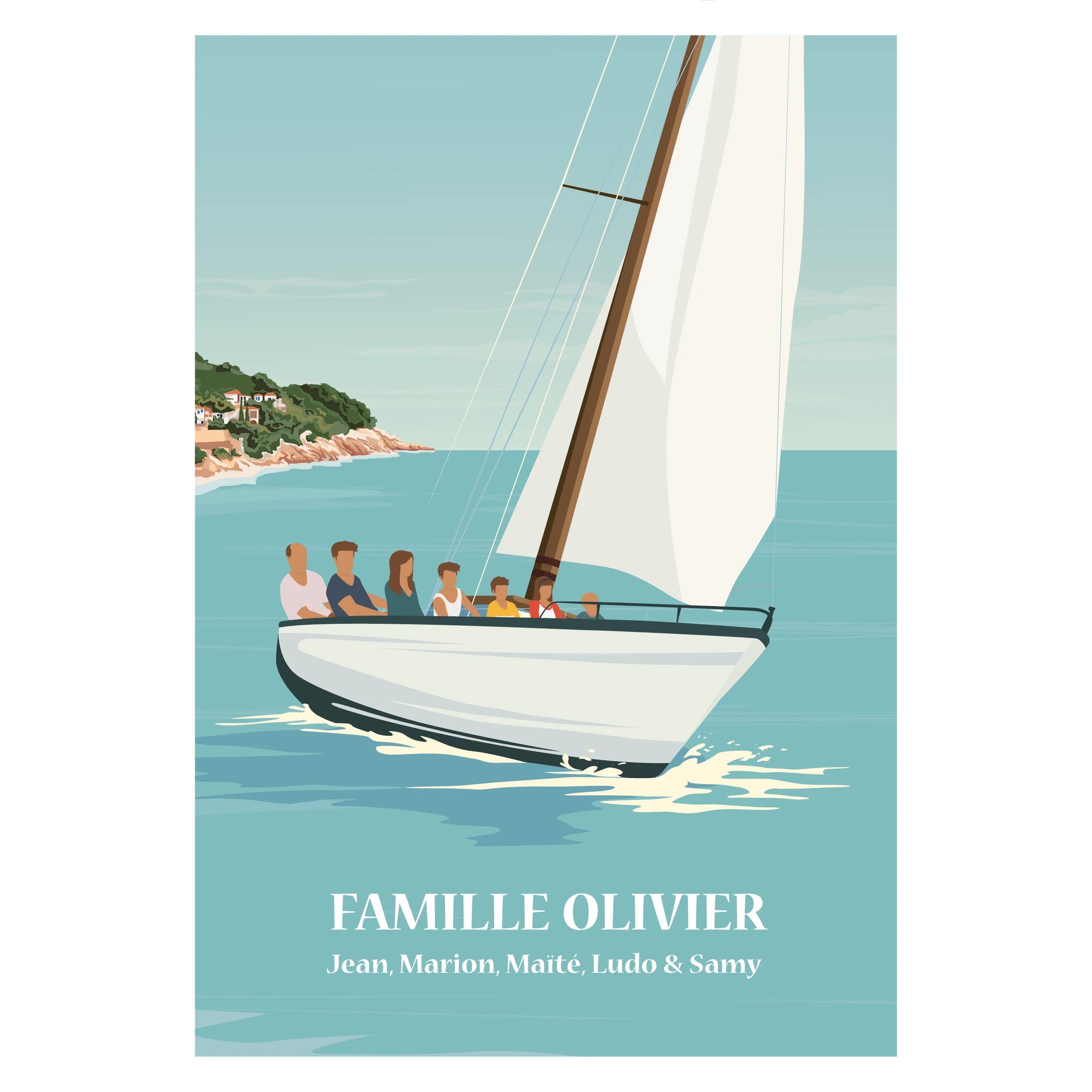 Affiche personnalisable représentant une famille sur un voilier en mer