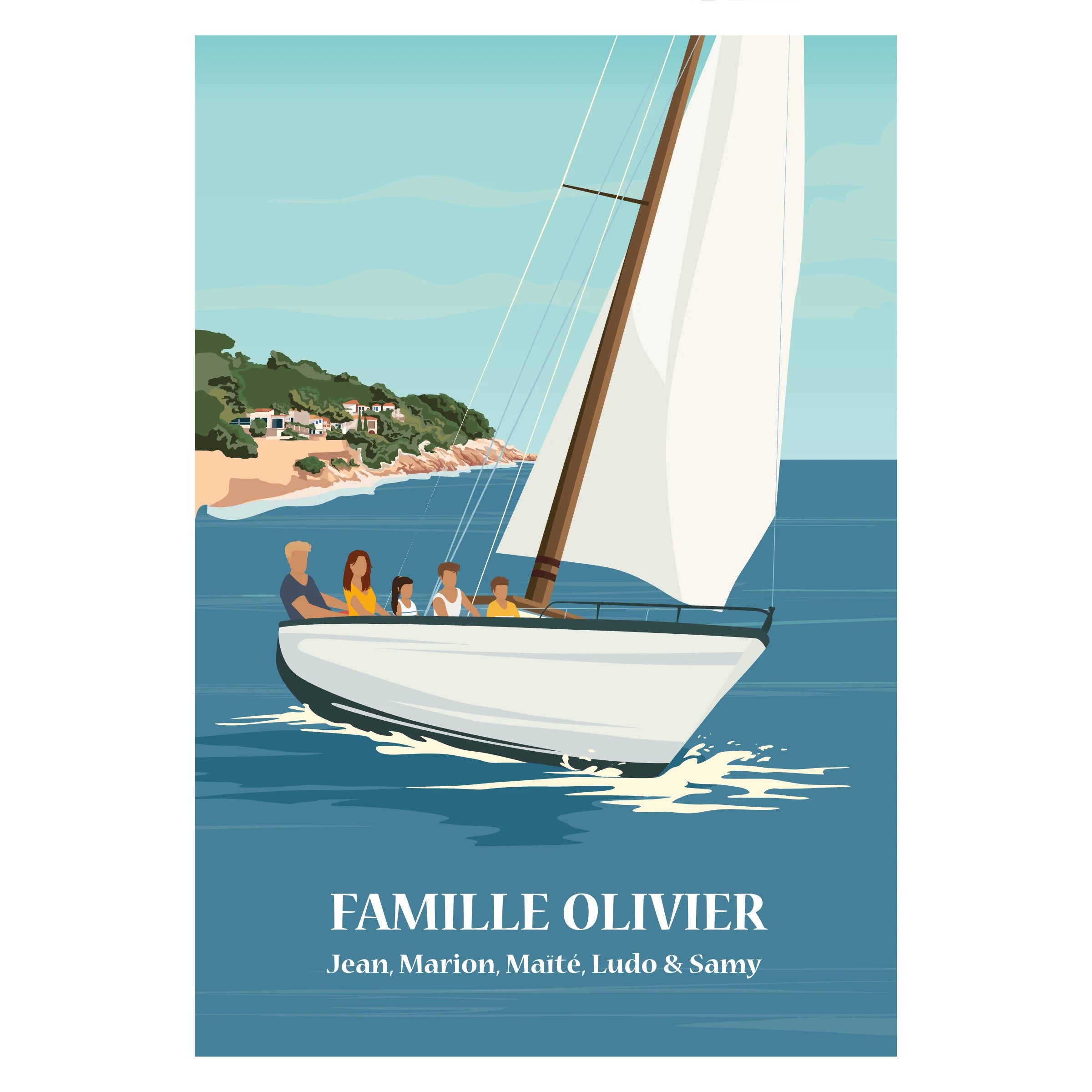 Affiche personnalisable représentant une famille sur un voilier en mer