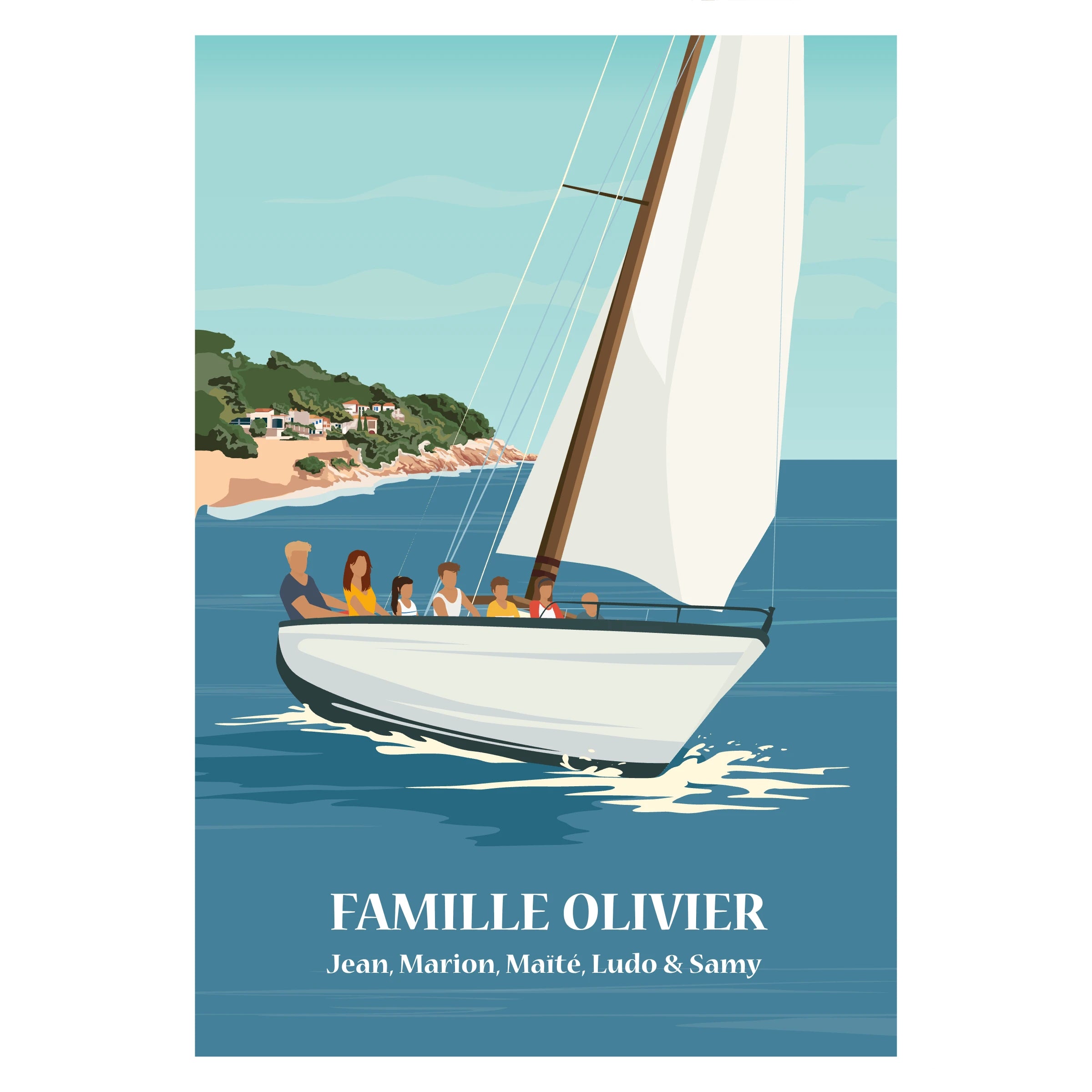 Affiche personnalisable représentant une famille sur un voilier en mer