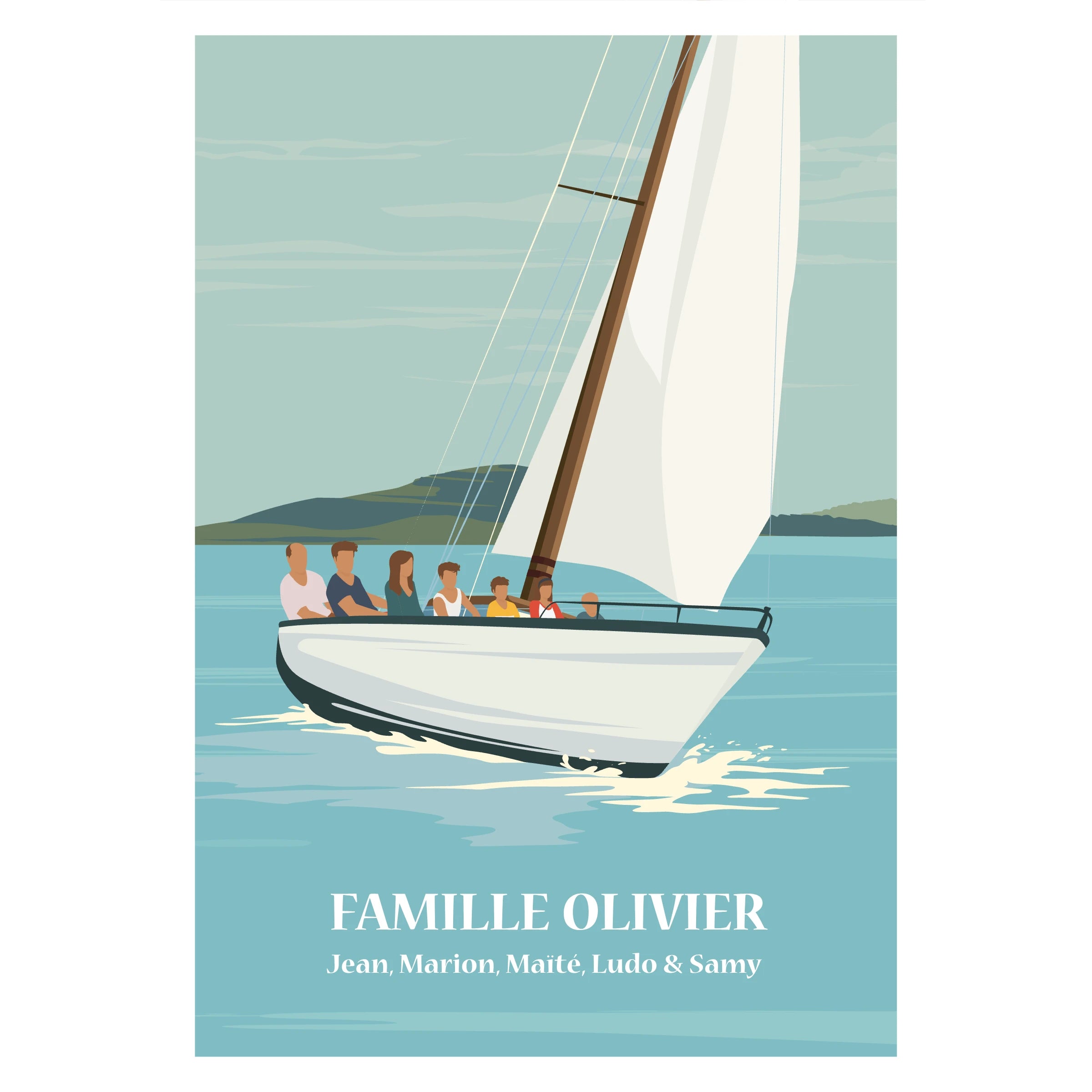 Affiche personnalisable représentant une famille sur un voilier en mer
