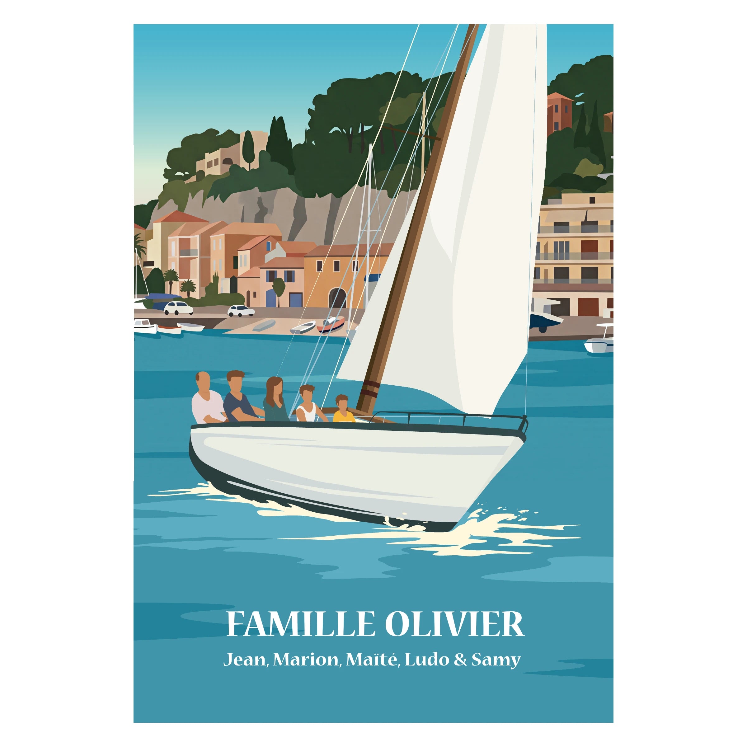 Affiche personnalisable représentant une famille sur un voilier en mer
