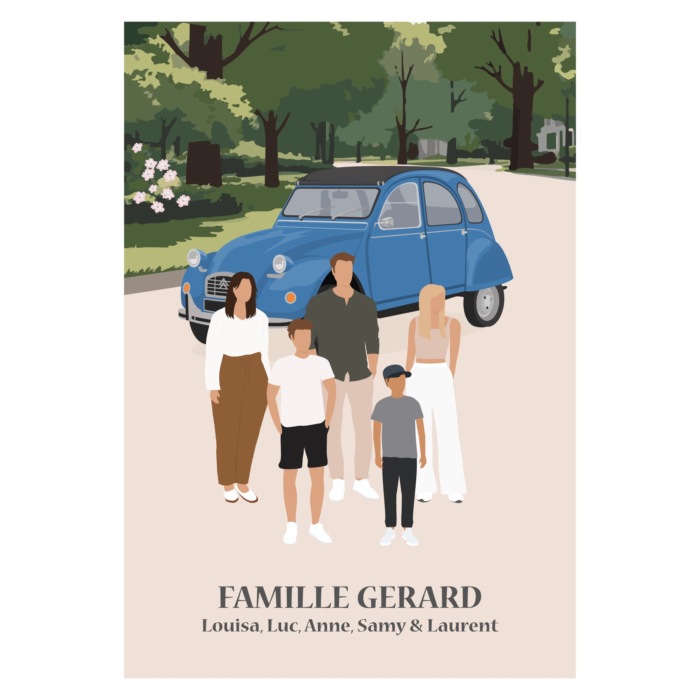 Illustration personnalisable d’une famille debout dans un parc avec une voiture de collection en arrière-plan.